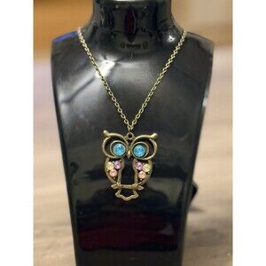 Vintage Necklace Owl Antique Gold Tone Colored Rhinestones 1970's